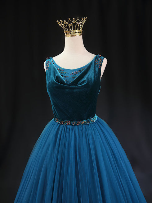 Gothic Royal Blue Velvet Wedding Dress with Tulle - Sleeveless Evening Dress - Aline Ball Gown Wedding Dress Plus Size